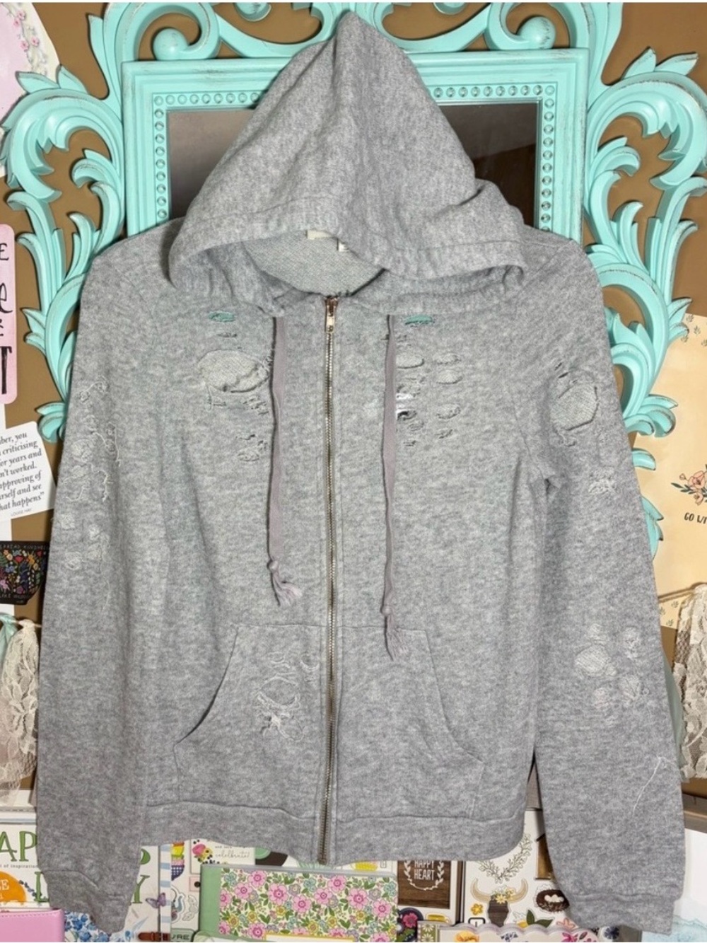 Better Be Gray Distressed Ripped Zip Up Hoodie Sweatshirt Women’s Size S Grunge